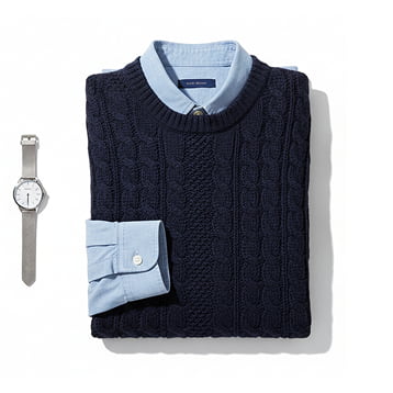 Cable knit sweater with shirt and watch