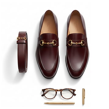 Loafers, belt, and glasses